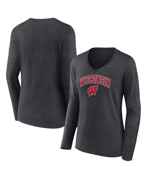 Women's Heather Charcoal Wisconsin Badgers Evergreen Campus Long Sleeve V-Neck T-shirt