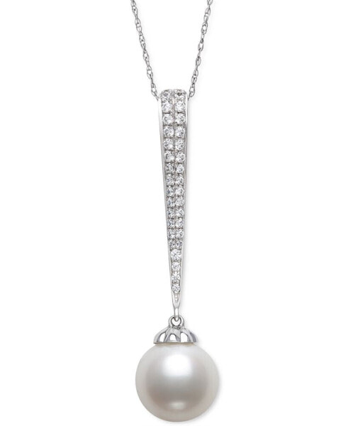 Belle de Mer cultured Freshwater Pearl (9mm) & Diamond (1/5 ct. t.w.) Pavé Elongated 18" Pendant Necklace in 14k White Gold, Created for Macy's
