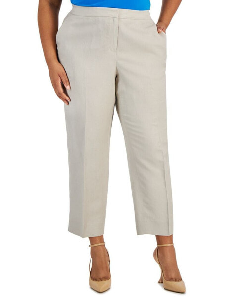 Plus Size Mid Rise Linen-Blend Straight-Leg Fly-Front Pants