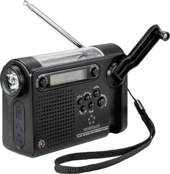 Radio budowlane Renkforce Renkforce RF-CR-200 Kofferradio UKW, MW, KW wiederaufladbar, Solarpanel, Handkurbel, Weckfunktion, Taschenlampe Schwarz (RF-4694806)