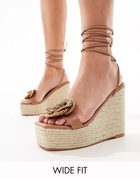 Public Desire Wide Fit Mariella heeled espadrille with crochet rosette in natural