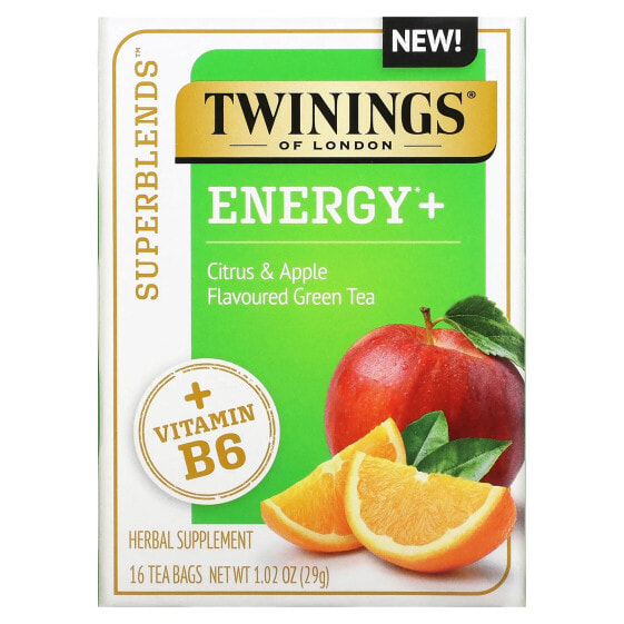 Энергетик зеленого чая с цитрусовыми и яблоком Twinings, 16 пакетиков по 29 г