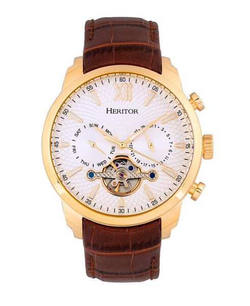 Automatic Arthur Gold Case, Genuine Brown Leather Watch 45mm
