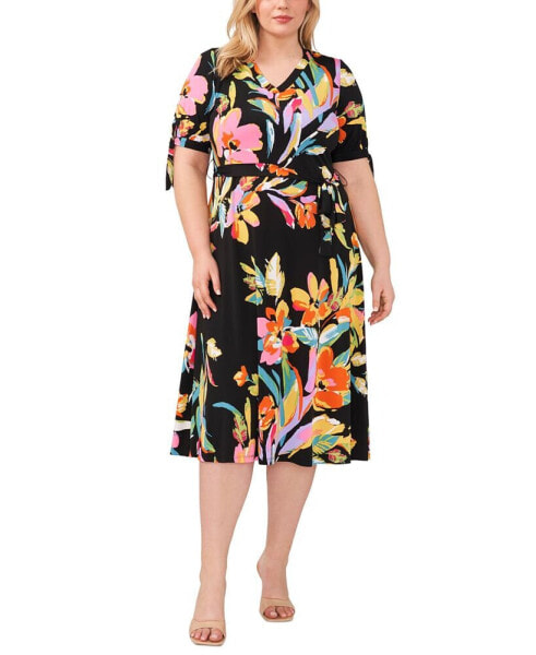 Plus Size Printed V-Neck Belted Short-Sleeve Midi Dress