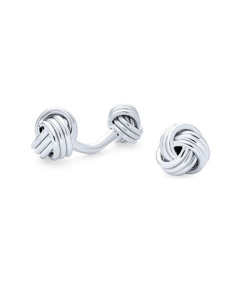 Solid Double Sided Twist Love Knot Woven Braided French Style Fixed Bar Backing Shirt Cufflinks For Men Executive Groom Gift .925 Sterling Silver