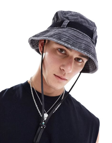 ASOS DESIGN safari bucket hat with tie in washed black denim