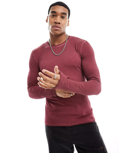 ASOS DESIGN muscle fit long sleeve t-shirt in red oil wash