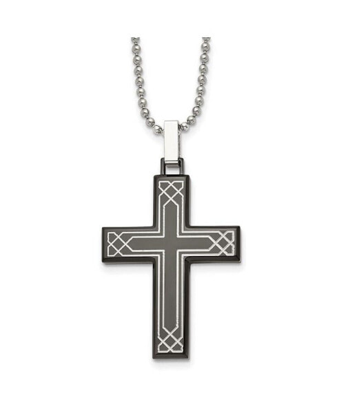 Chisel laser Etched Black IP-plated Cross Pendant Ball Chain Necklace