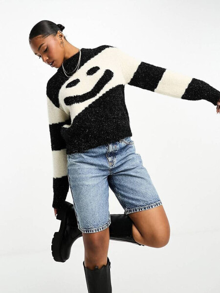 Monki knitted sweater with volume sleeves in glitter mono stripe yarn