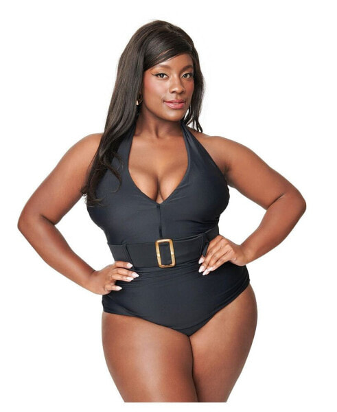 Plus Size Belted Halter One Piece Swimsuit