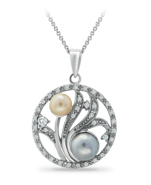 Macy's multi-Color Imitation Pearls and Cubic Zirconia Floral Medallion Pendant in Silver Plate 18"