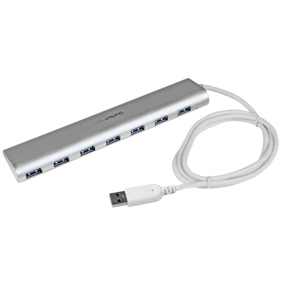 StarTech.com 7-Port Compact USB 3.0 Hub with Built-in Cable - USB 3.2 Gen 1 (3.1 Gen 1) Type-A - USB 3.2 Gen 1 (3.1 Gen 1) Type-A - 5000 Mbit/s - Silver - White - Aluminium - Plastic - Power
