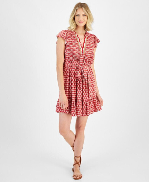 Women's Crochet-Trim Flutter-Sleeve Mini Dress