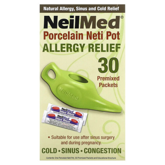 Porcelain Neti Pot, Allergy Relief, 1 Pot, 30 Premixed Packets