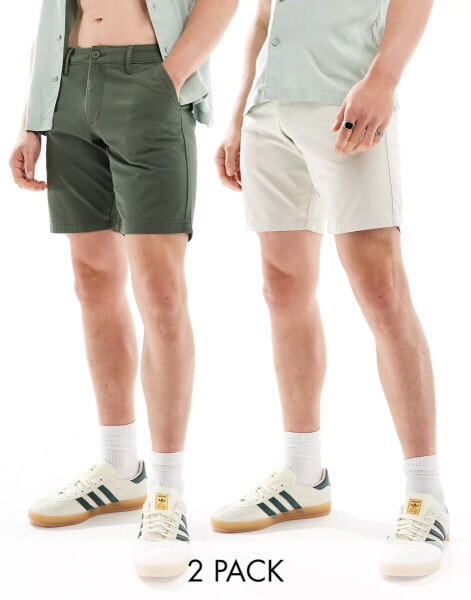 ASOS DESIGN 2 pack slim stretch chino shorts in khaki and stone save