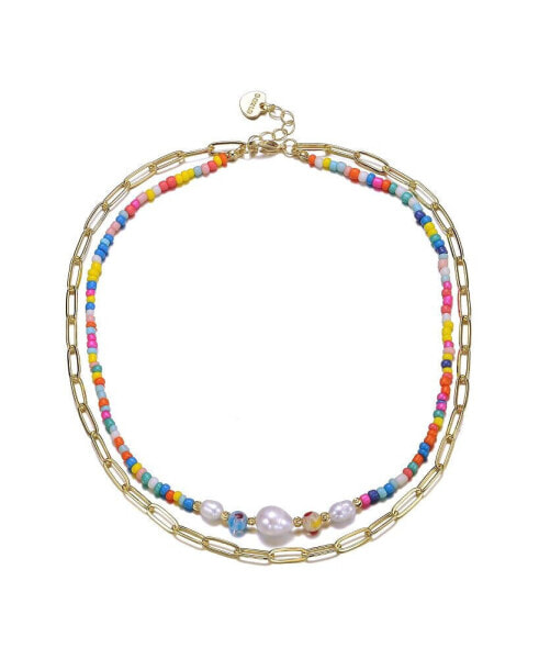 14k Yellow Gold Plated Multi-Color Beads Bracelet with Freshwater Pearls and an Outer Link Chain for Kids