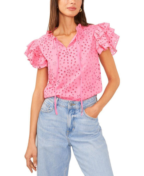 Women's Eyelet Embroidered Cotton Tie Neck Short Flutter-Sleeve Blouse