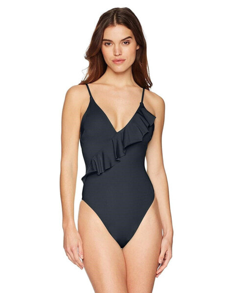 Trina Turk 159620 Women's Black V-Neck Front Ruffle One Piece Swimsuit Sz. 8