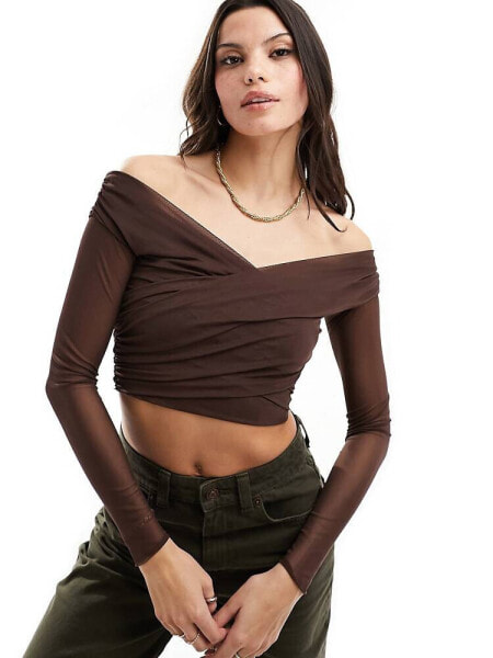 Bershka mesh bardot top in chocolate