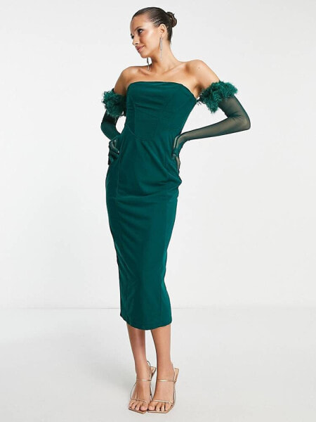 Rare London bandeau corset midi bodycon dress with faux feather gloves in green