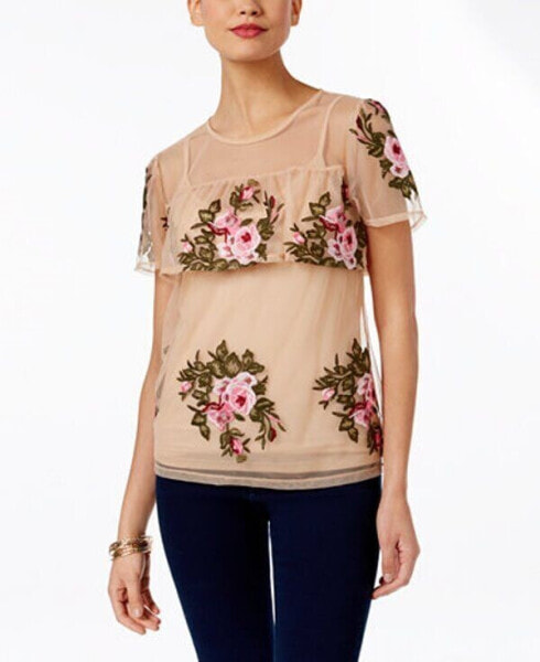 INC International Concepts Women's Embroidered Ruffled Top Neutral size M