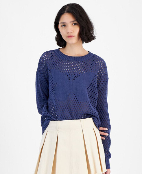 Juniors' Long-Sleeve Mesh Star Sweater