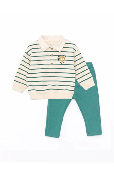 LCW baby Gömlek Yaka Uzun Kollu Baskılı Erkek Bebek Sweatshirt ve Pantolon 2'li Takım