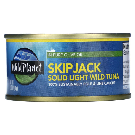 Wild Planet, SkipJack, солидный светлый дикий тунец в чистом оливковом масле, 80 г (2,82 унции)