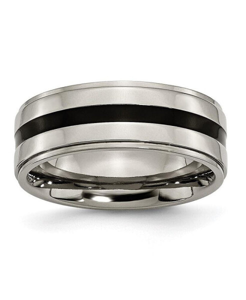 Titanium Polished Black Enamel Ridged Edge Wedding Band Ring