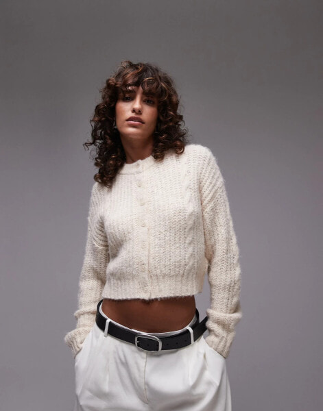 Topshop knitted cropped fluffy cable cardi in cream