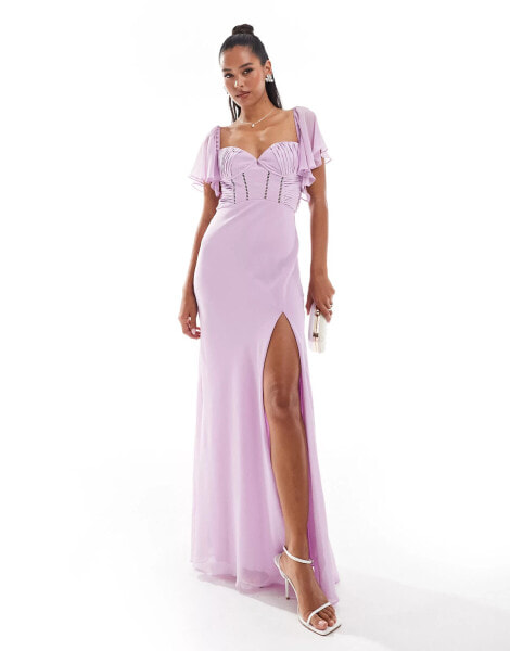 ASOS DESIGN satin corset detail chiffon bias maxi dress with flutter sleeve in lilac