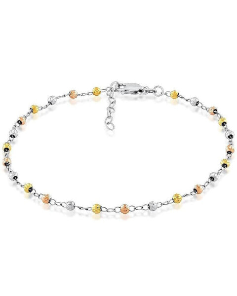 Sterling Silver Diamond Cut Bead Anklet - Tri Color