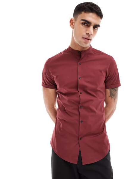 ASOS DESIGN skinny fit grandad collar shirt with roll sleeves in burgundy