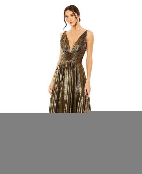 Women's Ieena Sleeveless V Neck Pleated Top Metallic Gown