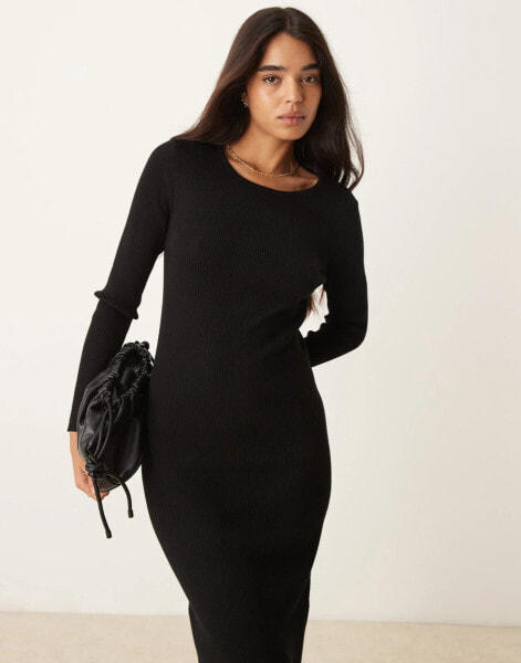 Vila ribbed knit long sleeve midi dress in black