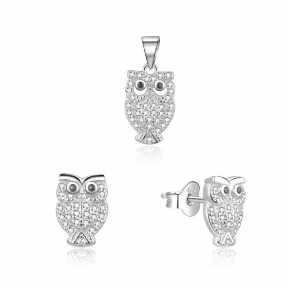 Playful Silver Owl Jewelry Set S0000261 (pendant, earrings)