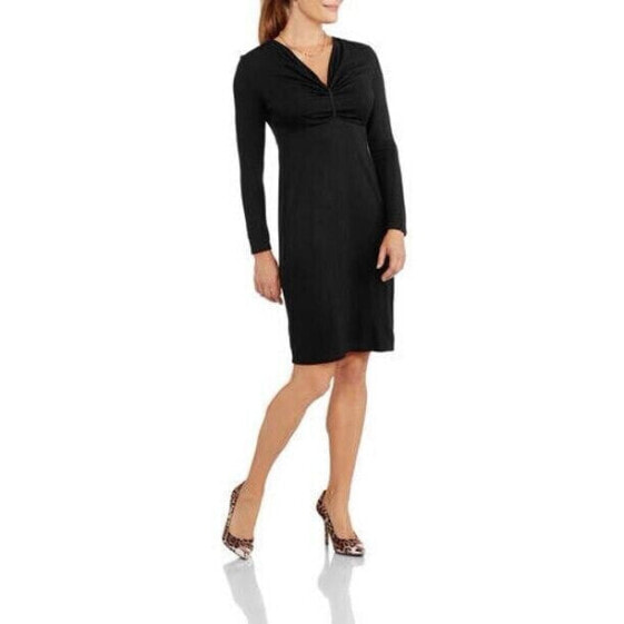 Introspect Women's Black Long Sleeve V-Neck Twist Front Sheath Dress Small S