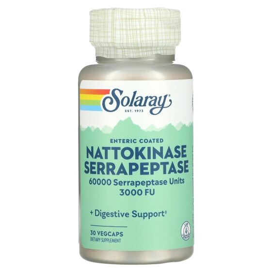 Пищеварительные ферменты SOLARAY Наттокиназа Серрапептаза, энтеросолюбильные, 30 капсул вегетарианских