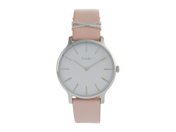 Timex 38 mm Transcend 3-H Silver Case White Dial Pink Leather