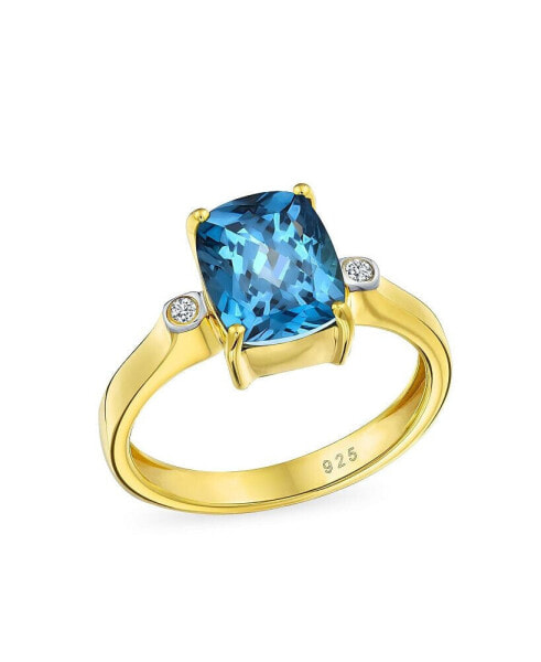 3.17CT Genuine Gemstone Birthstones Zircon Accent London Blue Topaz Emerald Cut Cocktail Engagement Ring Yellow 14K Gold Plated .925 Sterling Silver