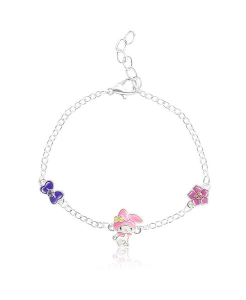 Sanrio and Friends Womens Silver Plated Bracelet with Flower and Bow Charm Pendants, 6.5 + 1", Officially Licensed