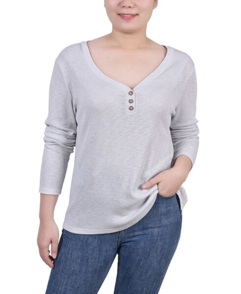 Women's Long Sleeve Ribbed Henley Top