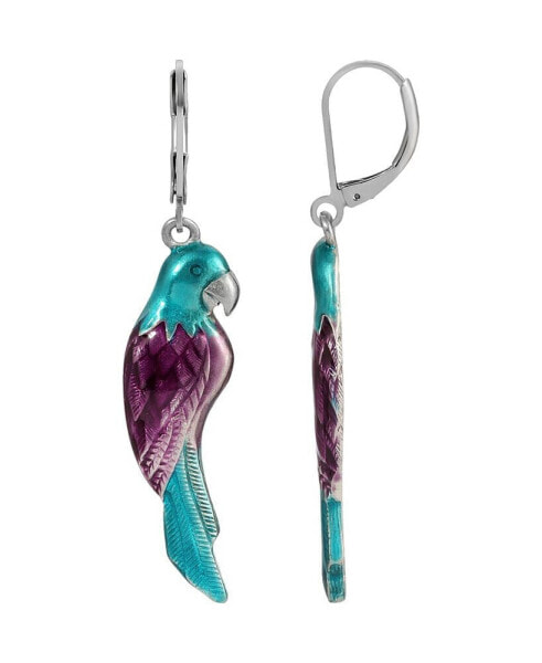 Silver-Tone Purple, Blue Hand Enamel Parrot Earrings