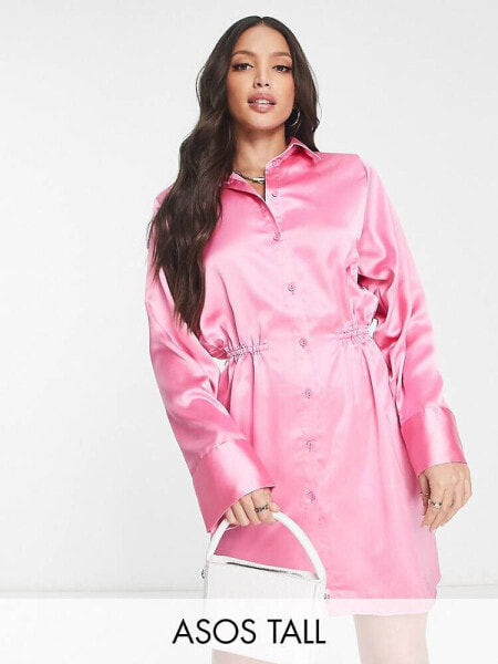 ASOS DESIGN Tall shoulder pad gathered waist mini satin shirt dress in pink