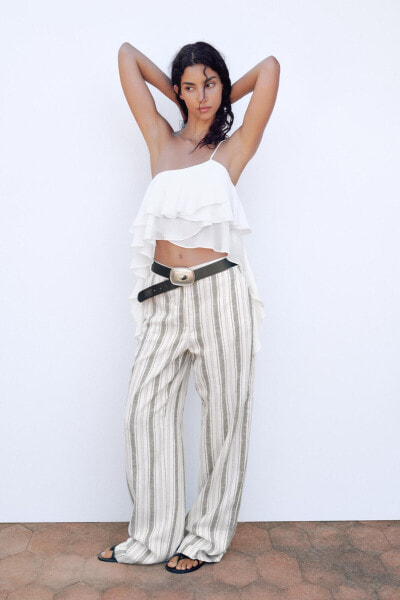 Striped linen blend straight-leg trousers