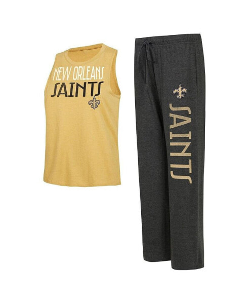 Women's Black, Gold Distressed New Orleans Saints Muscle Tank Top and Pants Lounge Set