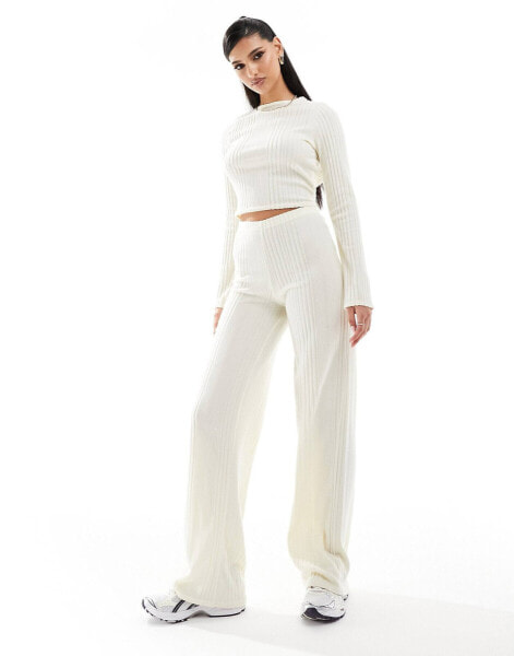 Missyempire ribbed wide leg trousers co-ord in cream