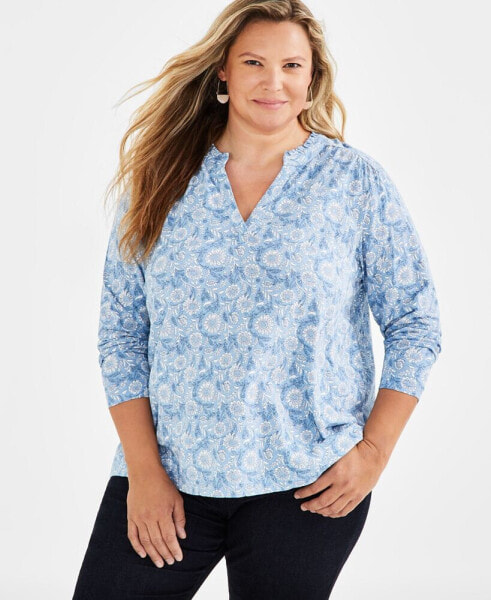 Plus Size Cotton Printed Ruffle-Collar Blouse, Created for Style & Co