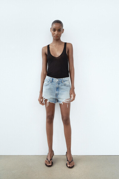 TRF CURVED HIGH-WAIST RIPPED DENIM SHORTS