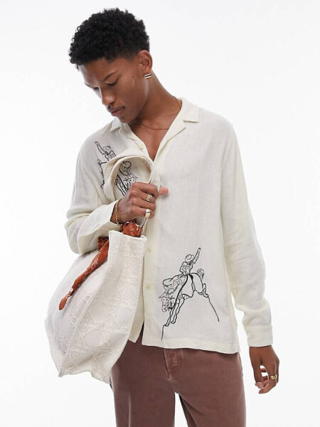 Topman long sleeve cowboy embroidered shirt in ecru